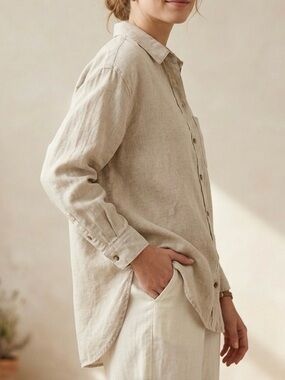 Old Navy Women’s Medium Linen-Blend Boyfriend Shirt Natural Linen Quiet Luxury